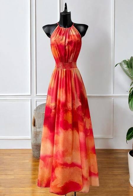 Robe Longue Fluide Imprimée Col Halter — Fente Avant | Collection 2026