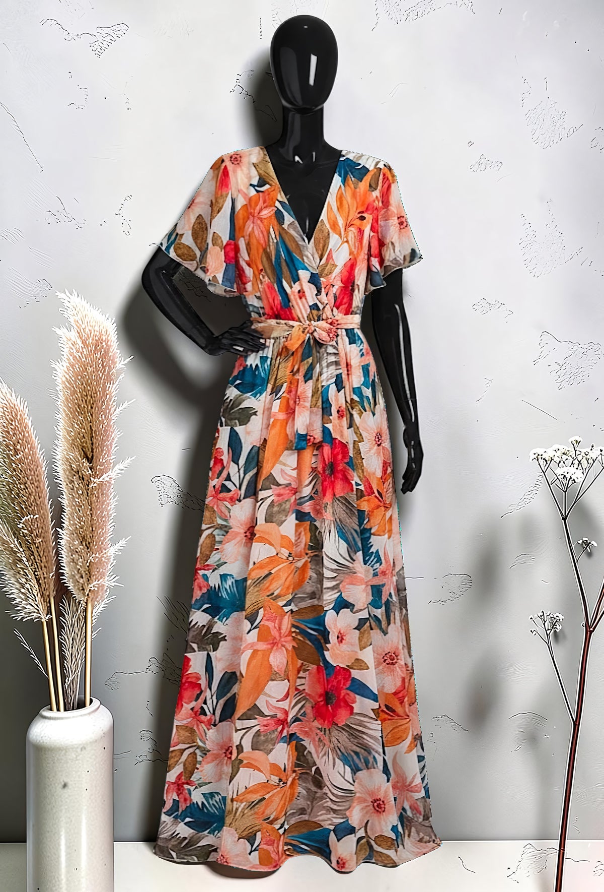 Robe Croisée Longue Imprimée Manches Fluides Blanc – La Muse Parisienne – vue 1
