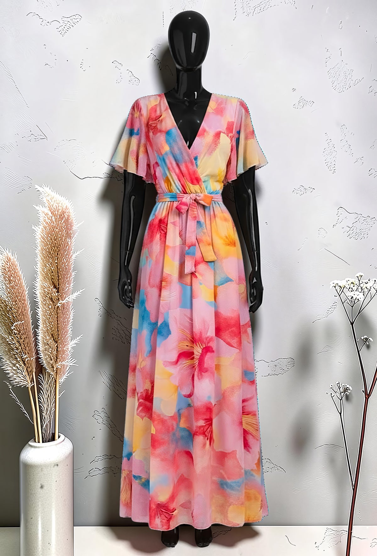 Robe Croisée Longue Imprimée Manches Fluides Blush – La Muse Parisienne – vue 1