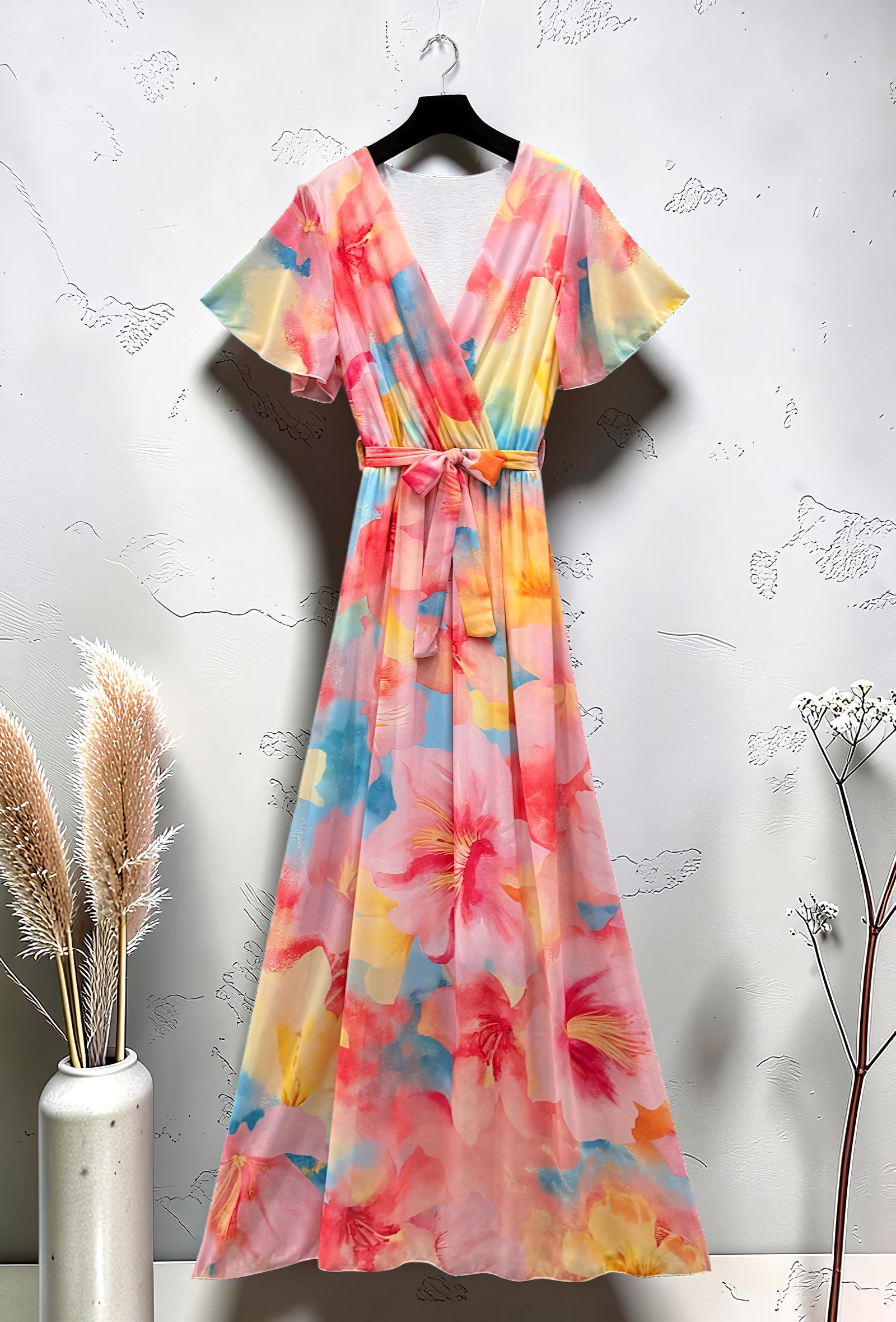 Robe Croisée Longue Imprimée Manches Fluides Blush – La Muse Parisienne – vue 2
