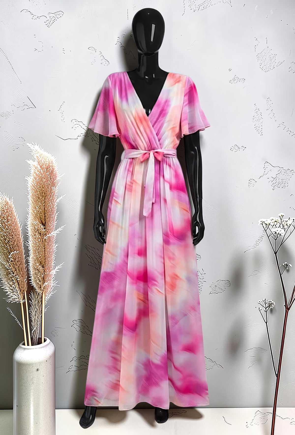 Robe Croisée Longue Imprimée Manches Fluides Fuchsia – La Muse Parisienne – vue 1