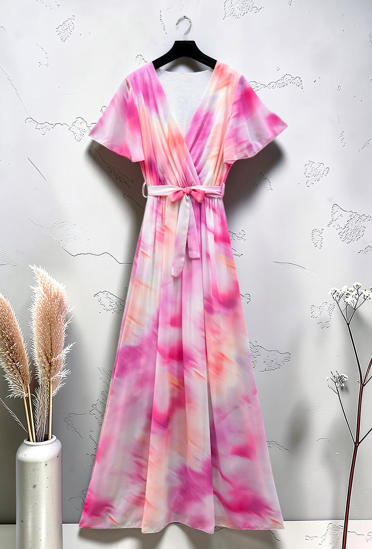 Robe Croisée Longue Imprimée Manches Fluides Fuchsia – La Muse Parisienne – vue 2
