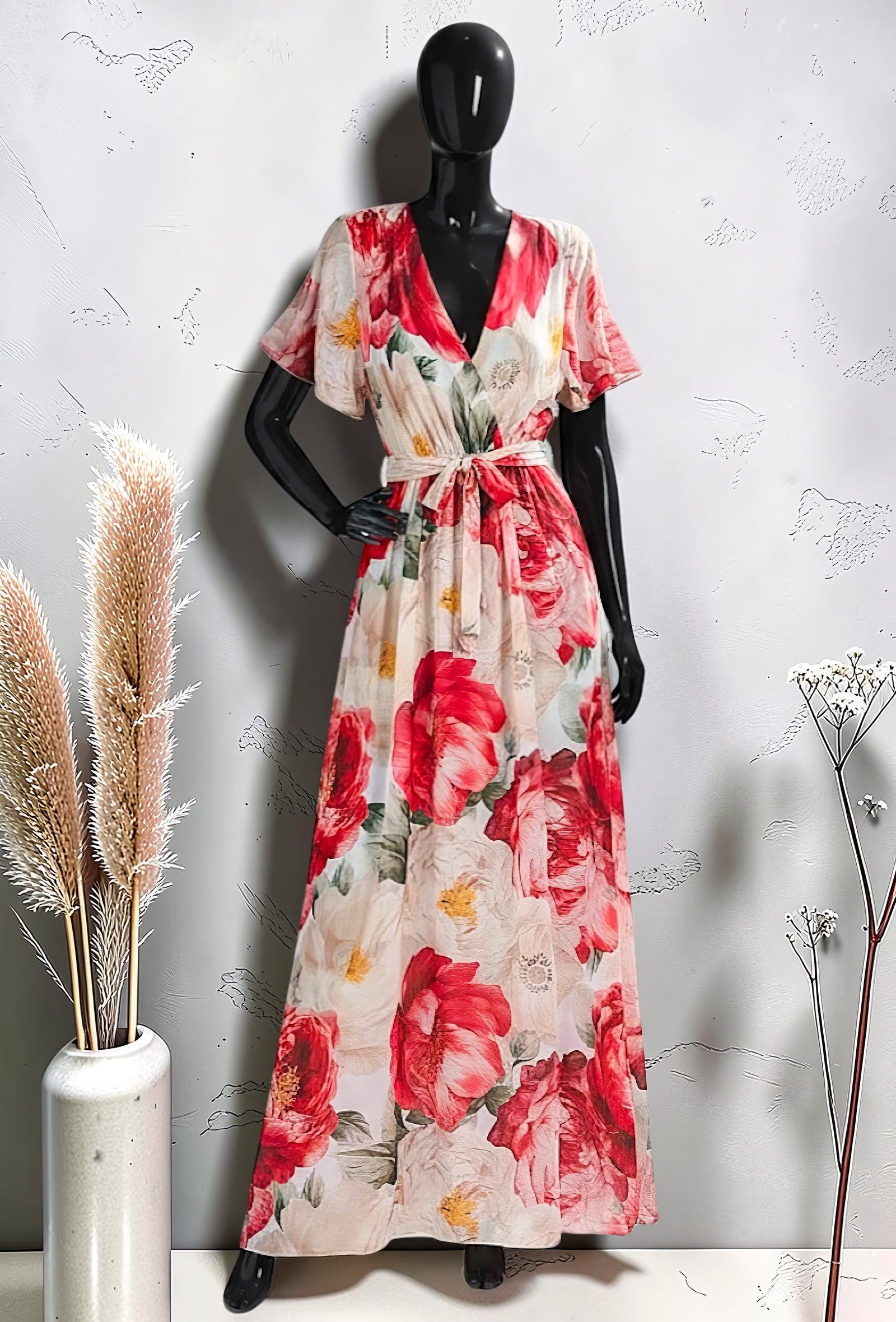 Robe Croisée Longue Imprimée Manches Fluides Rouge – La Muse Parisienne – vue 1