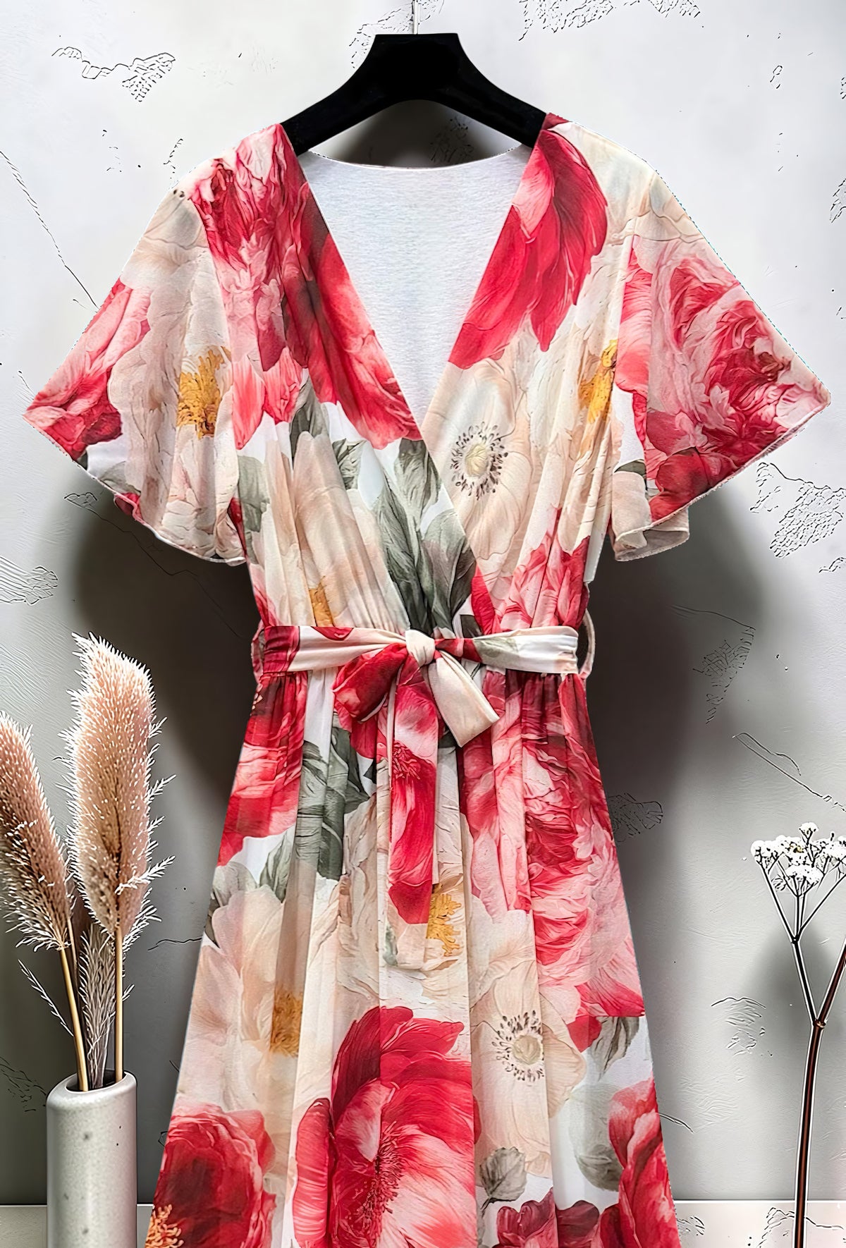 Robe Croisée Longue Imprimée Manches Fluides Rouge – La Muse Parisienne – vue 2