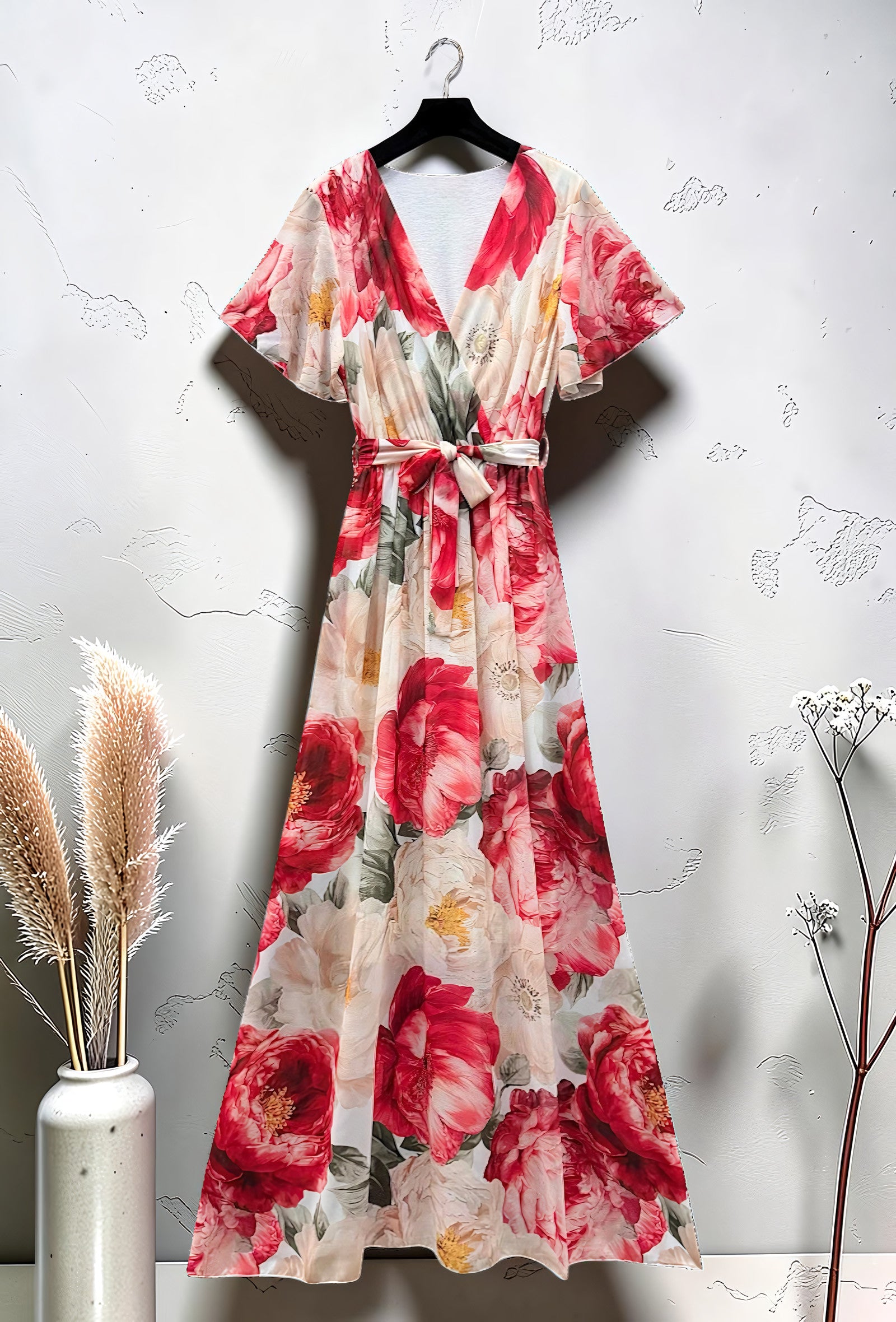 Robe Croisée Longue Imprimée Manches Fluides Rouge – La Muse Parisienne – vue 3