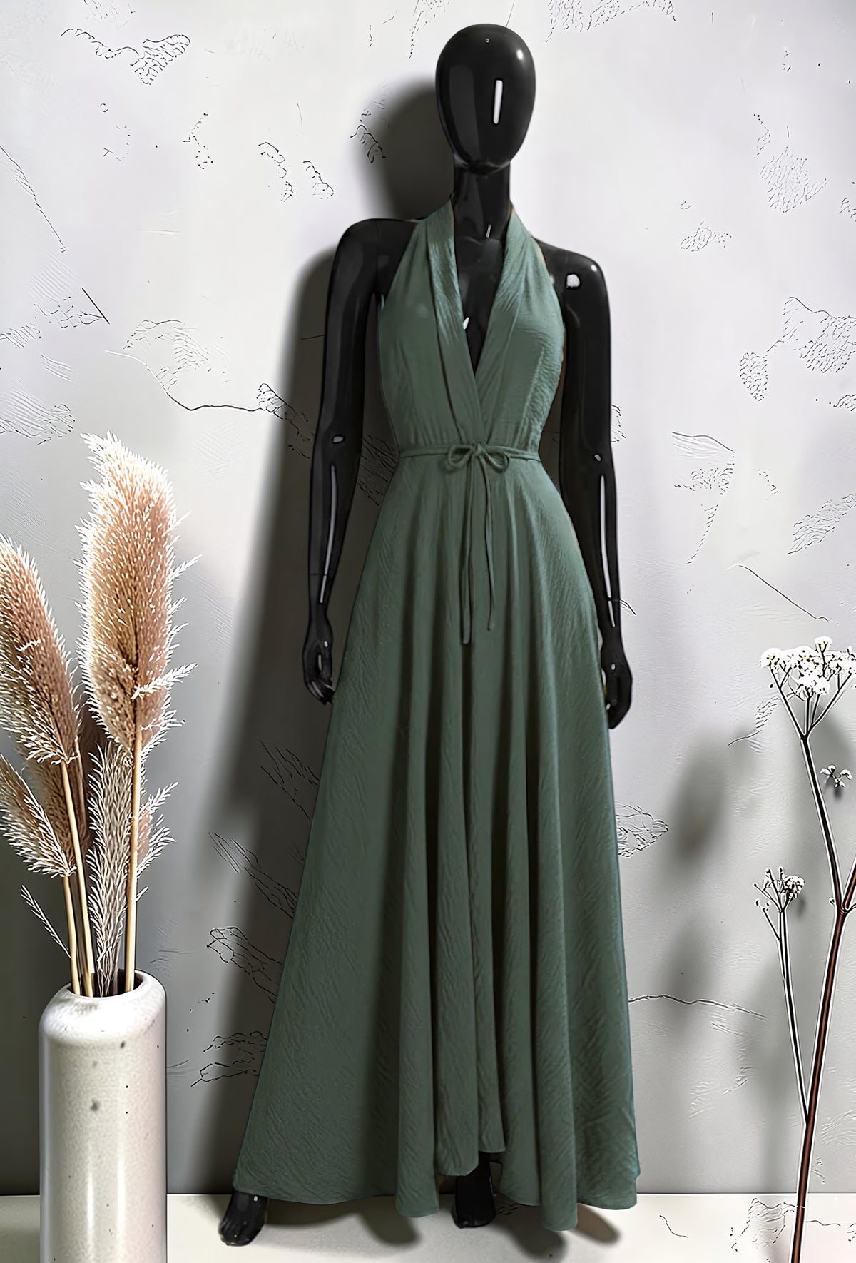 Robe Croisée Longue en Viscose Effet Lin Kaki – La Muse Parisienne – vue 1
