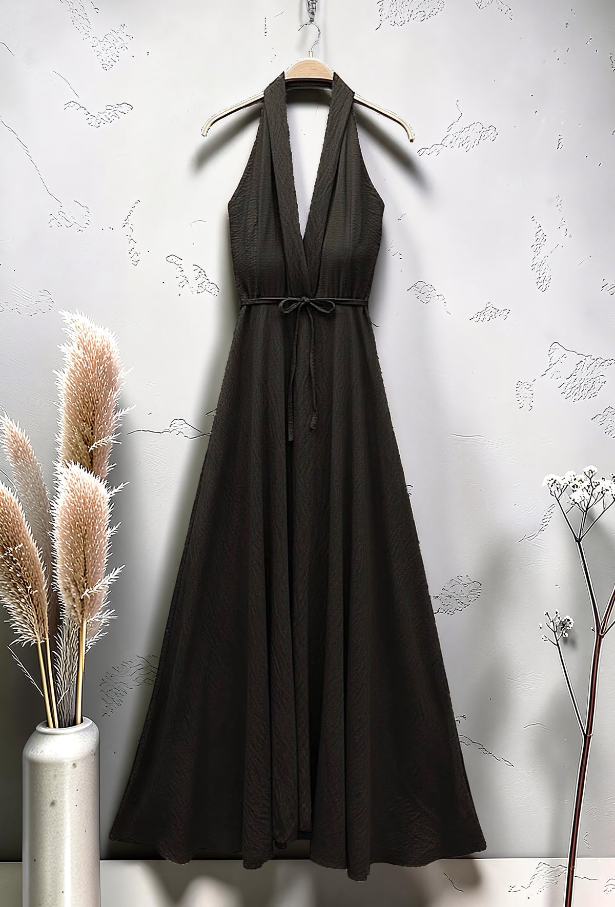 Robe Croisée Longue en Viscose Effet Lin Marron Foncé – La Muse Parisienne – vue 2