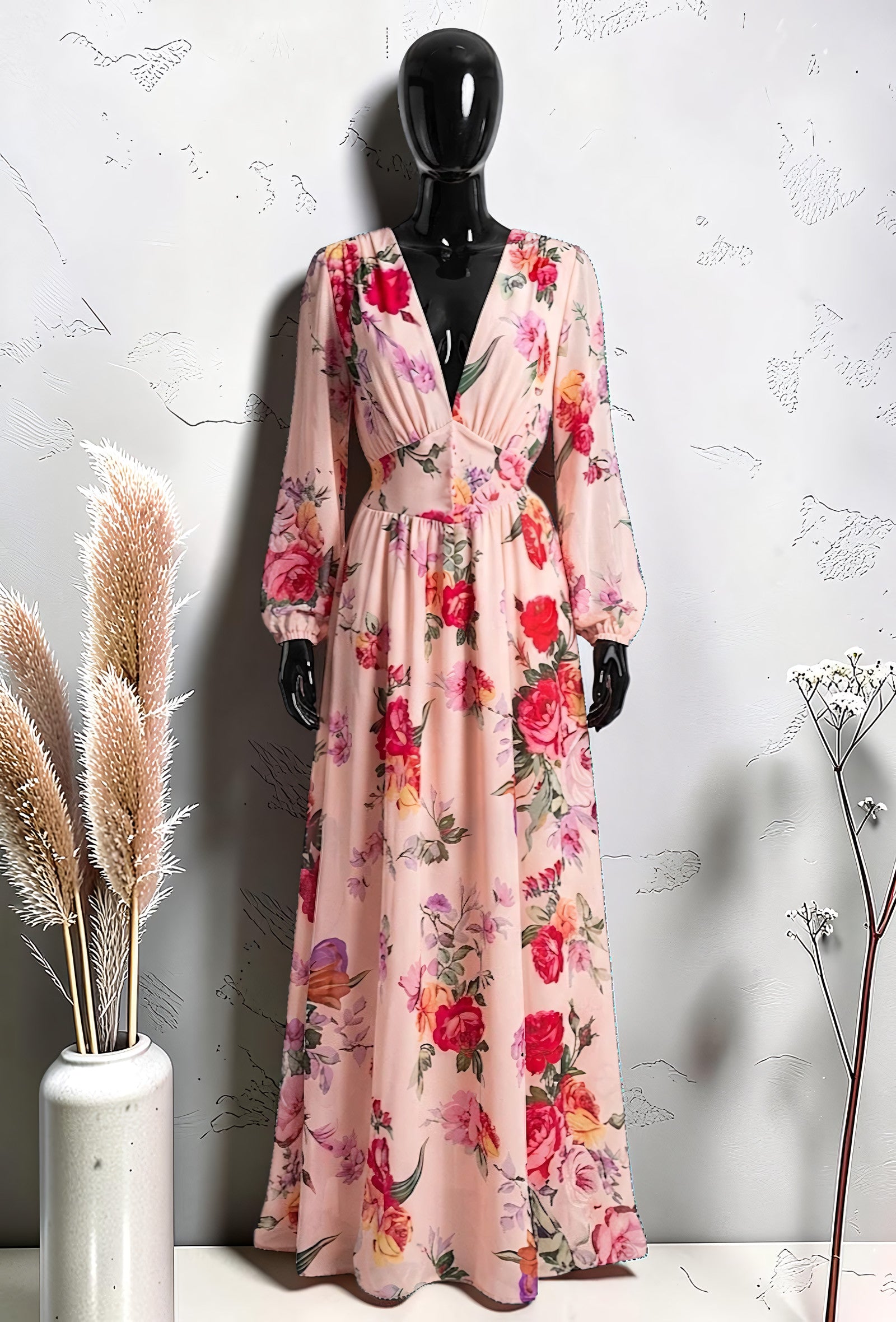 Robe Boutonnée Manches Longues Fendue Blush Fleuri – La Muse Parisienne