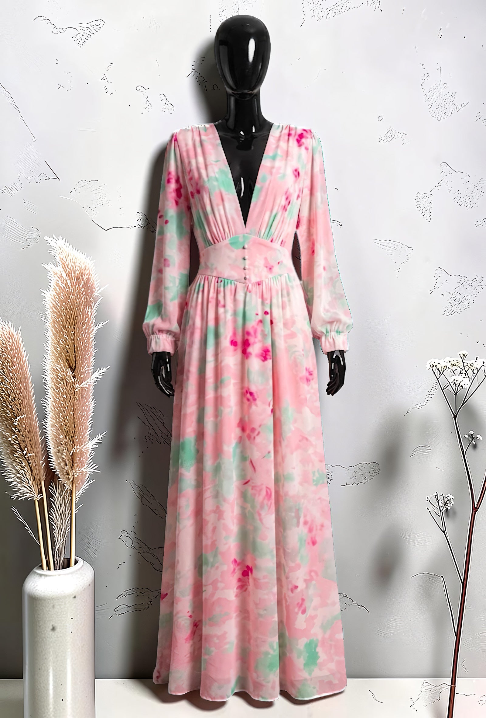 Robe Boutonnée Manches Longues Fendue Blush Aquarelle – La Muse Parisienne