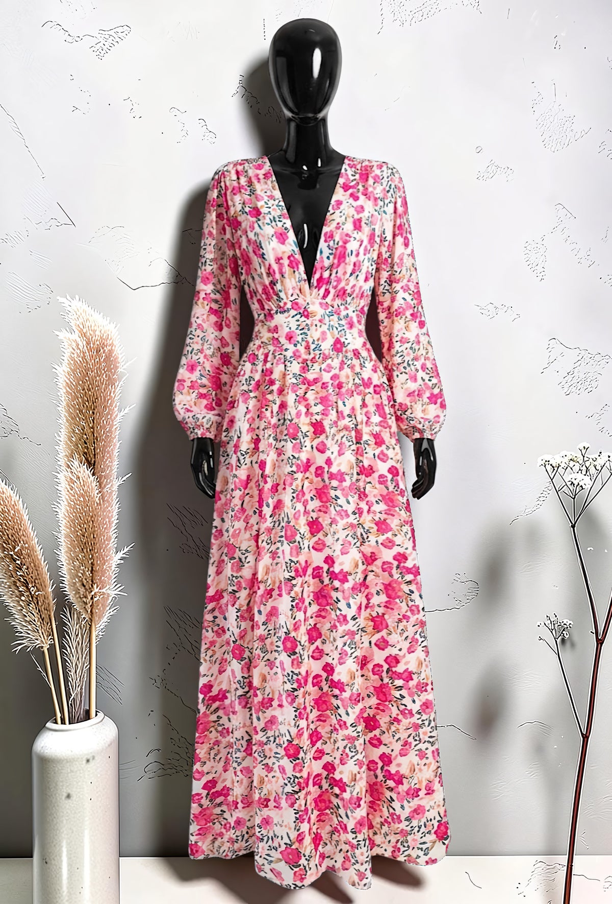 Robe Boutonnée Manches Longues Fendue Fuchsia Fleuri – La Muse Parisienne
