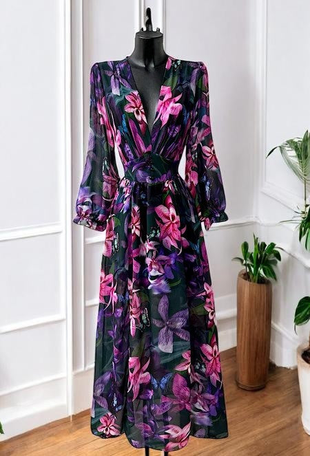 Robe Longue Fleurie Manches Longues — Doublure Viscose | Collection 2026