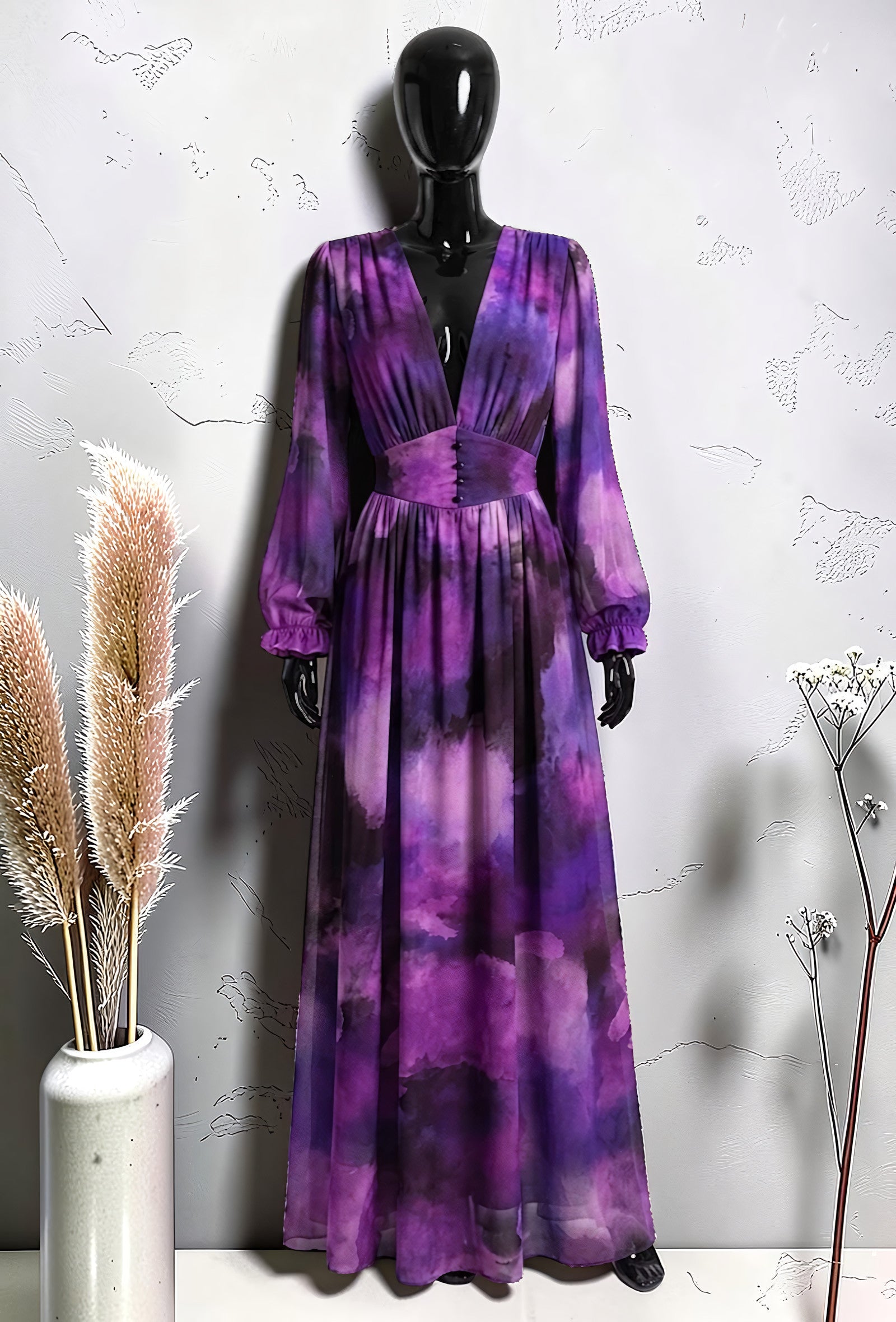 Robe Boutonnée Manches Longues Fendue Violet Aquarelle – La Muse Parisienne