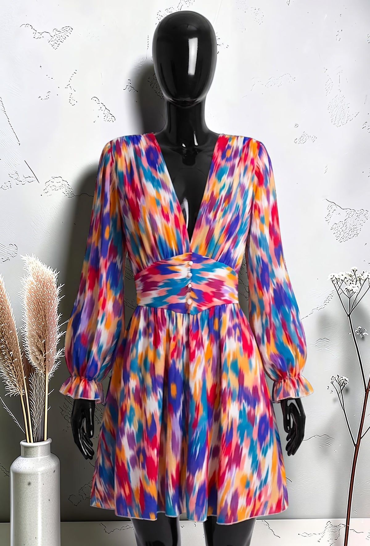 Robe Imprimée Boutonnée Manches Longues Bleu Roi – La Muse Parisienne – vue 1