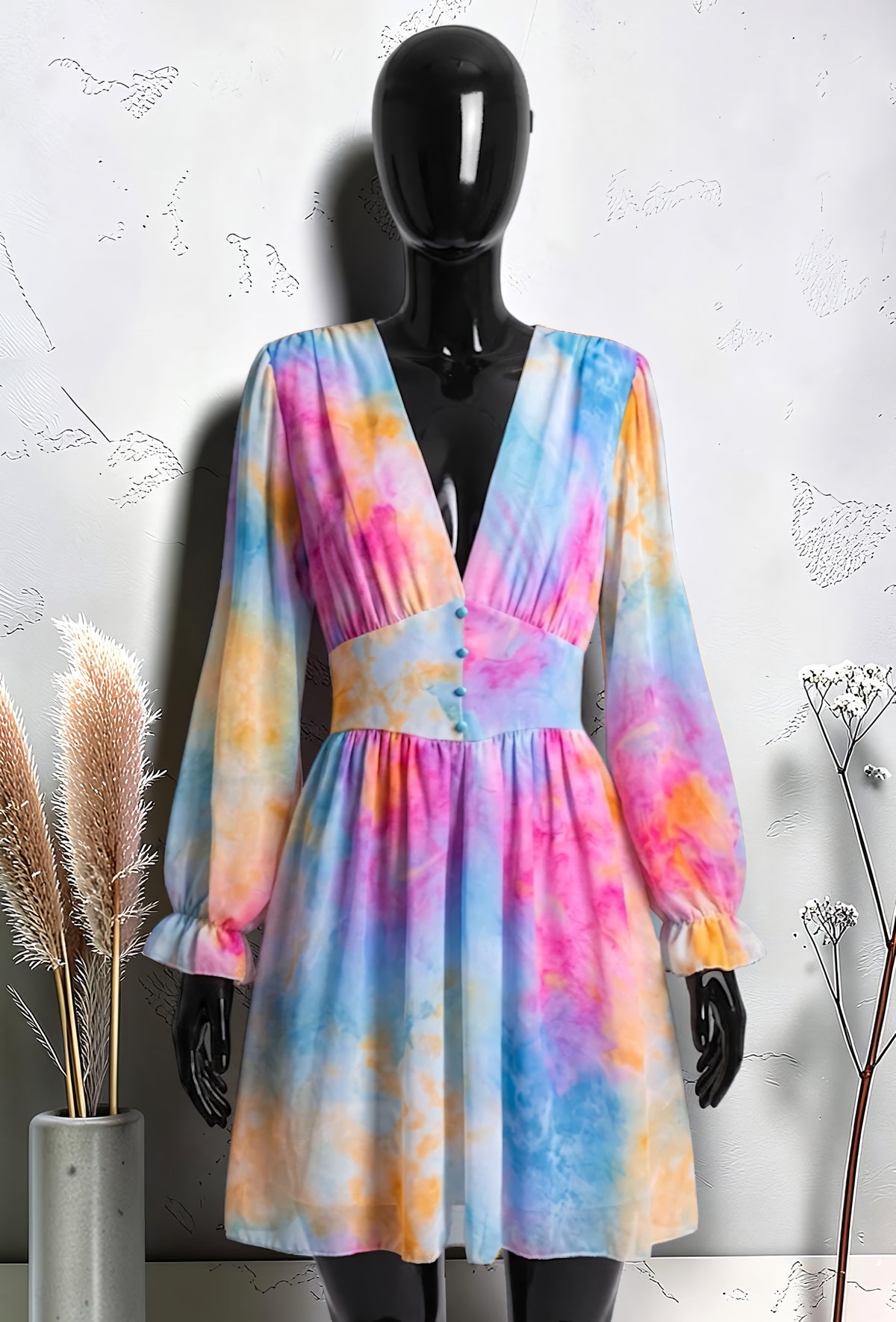 Robe Imprimée Boutonnée Manches Longues Fuchsia Tie-Dye – La Muse Parisienne – vue 1