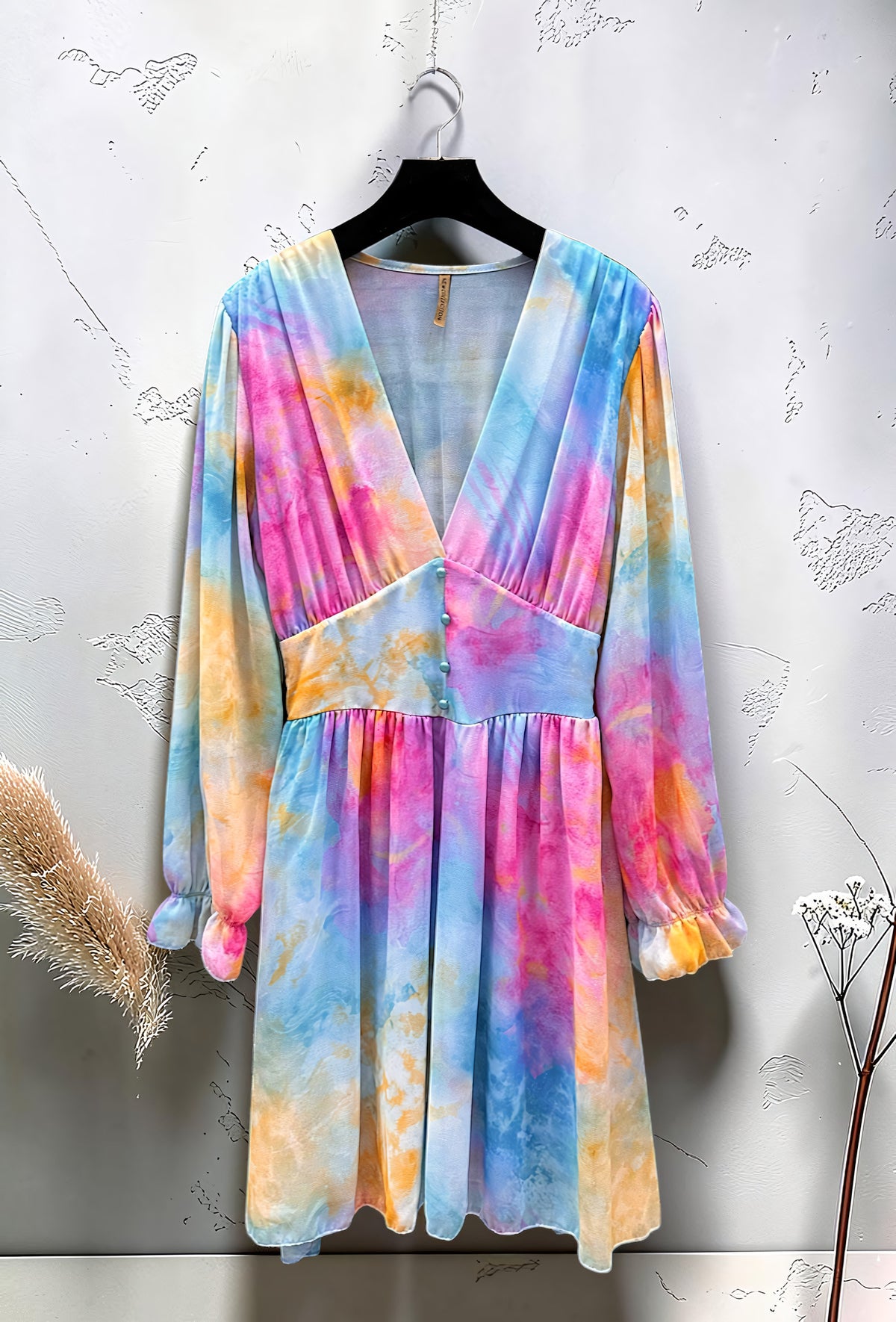 Robe Imprimée Boutonnée Manches Longues Fuchsia Tie-Dye – La Muse Parisienne – vue 3