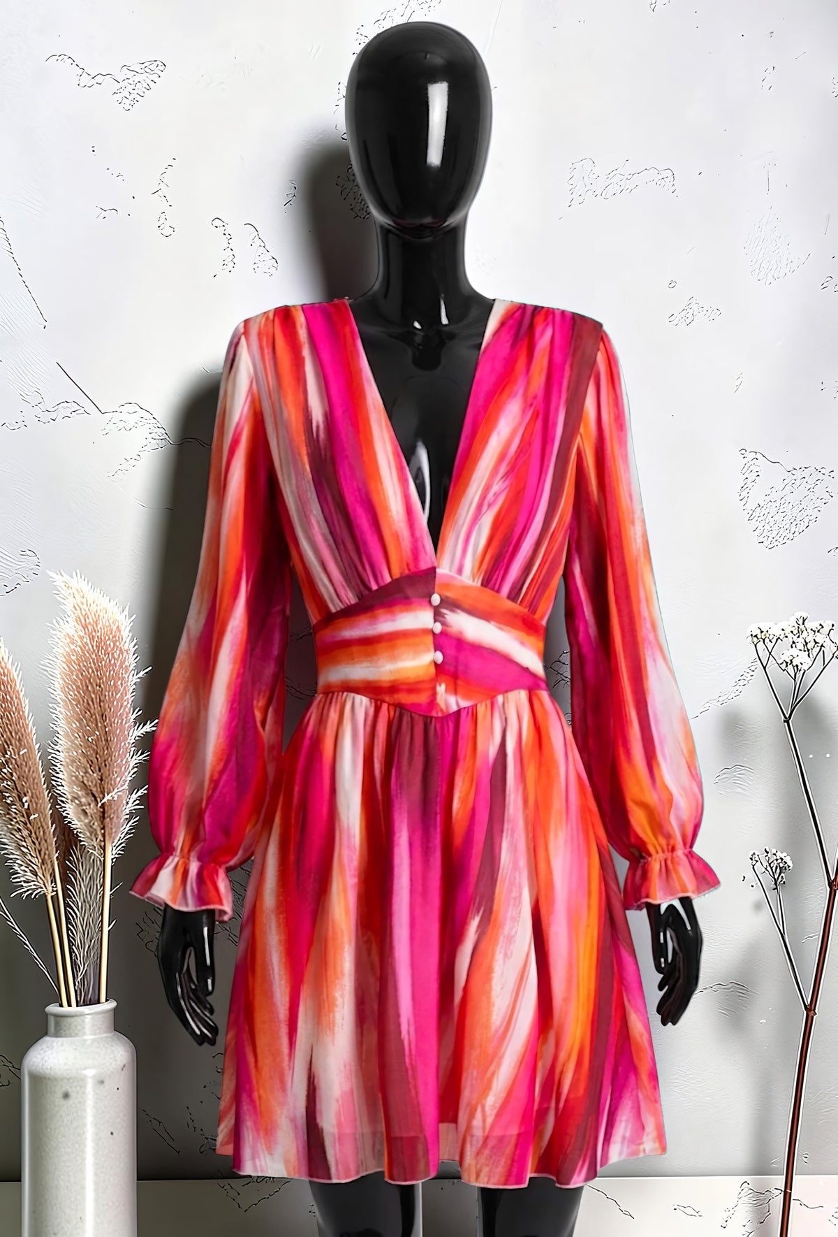 Robe Imprimée Boutonnée Manches Longues Fuchsia Rayé – La Muse Parisienne – vue 1