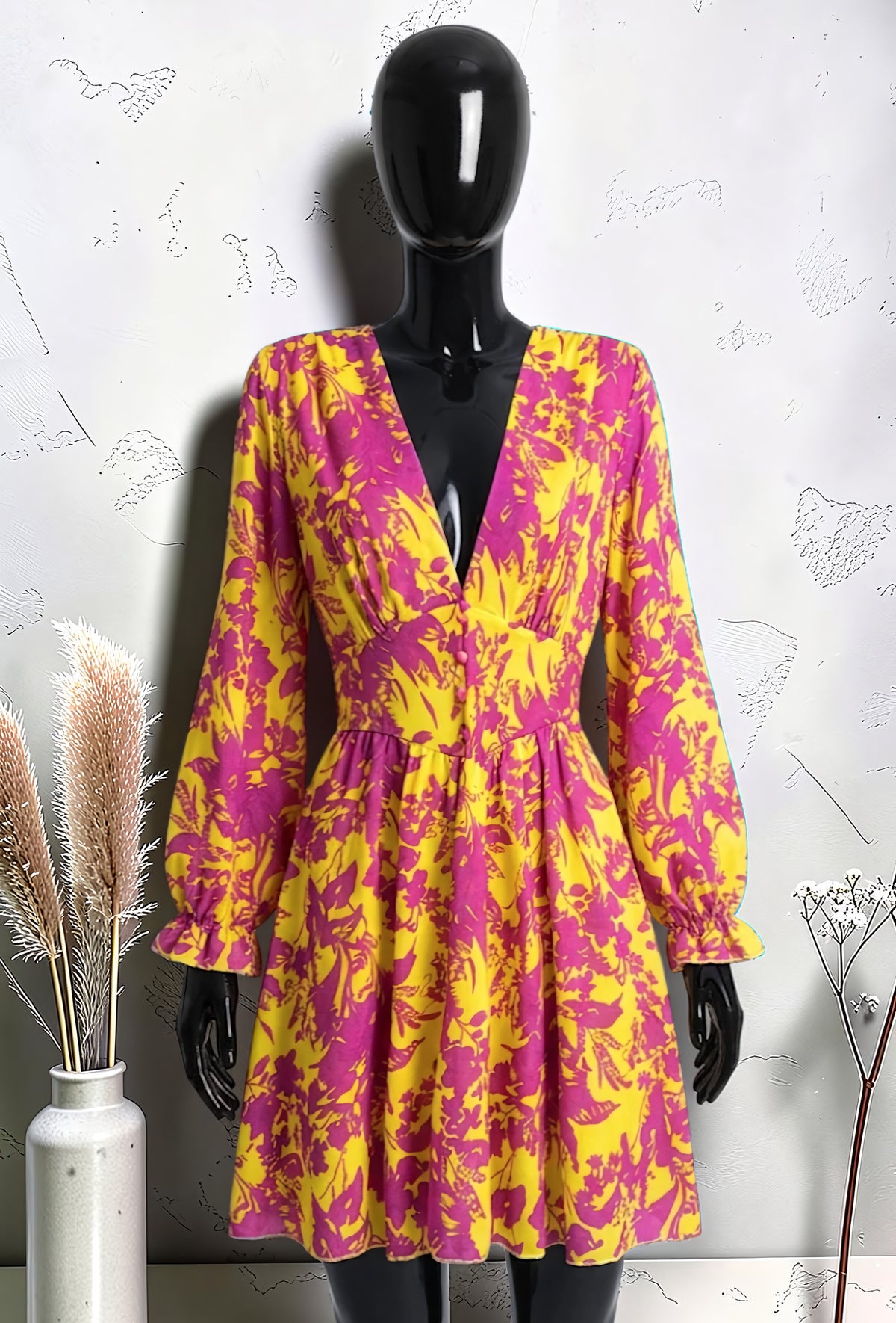 Robe Imprimée Boutonnée Manches Longues Jaune Fuchsia – La Muse Parisienne – vue 1