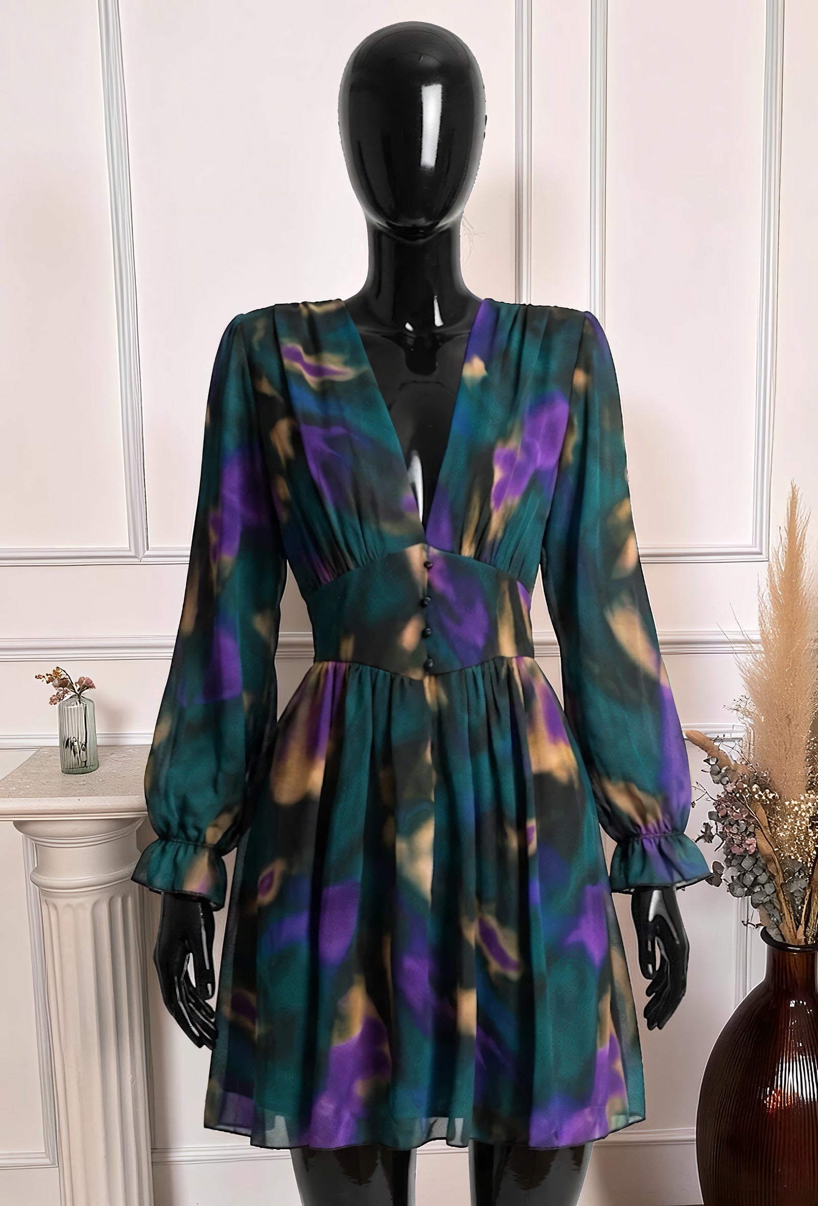 Robe Imprimée Boutonnée Manches Longues Vert Sapin – La Muse Parisienne – vue 1