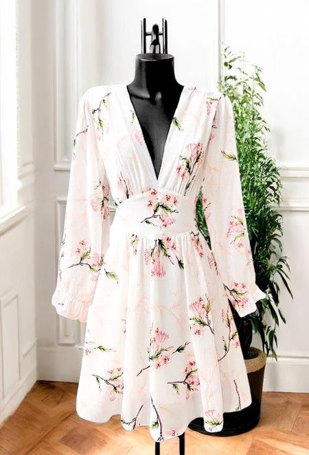 Robe Courte Fleurie Manches Longues — Doublure Viscose | Collection 2026