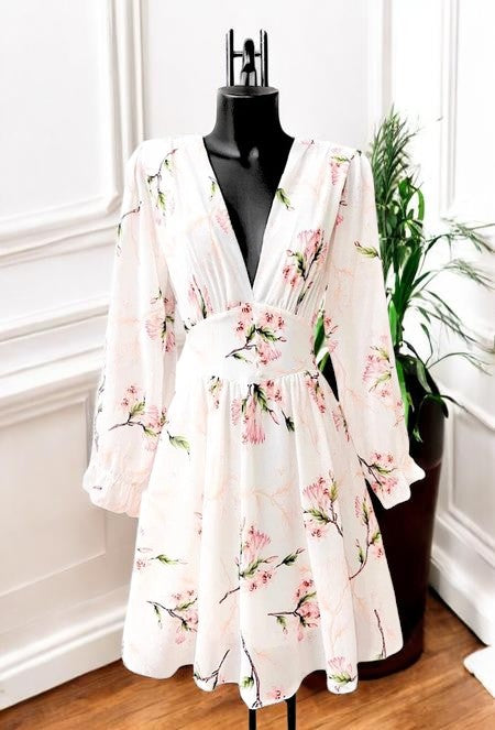 Robe Courte Fleurie Manches Longues — Doublure Viscose | Collection 2026