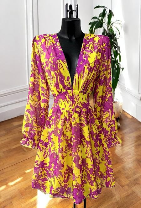 Robe Courte Fleurie Manches Longues — Doublure Viscose | Collection 2026
