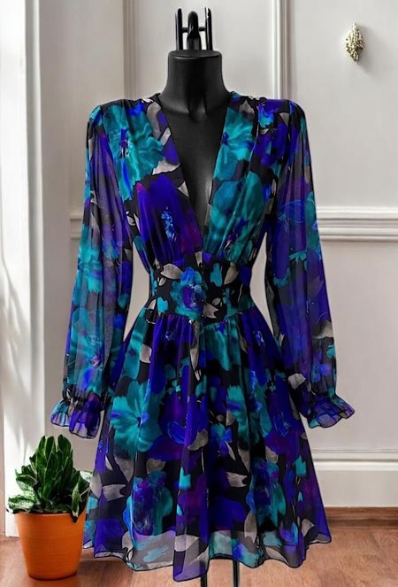 Robe Courte Fleurie Manches Longues — Doublure Viscose | Collection 2026