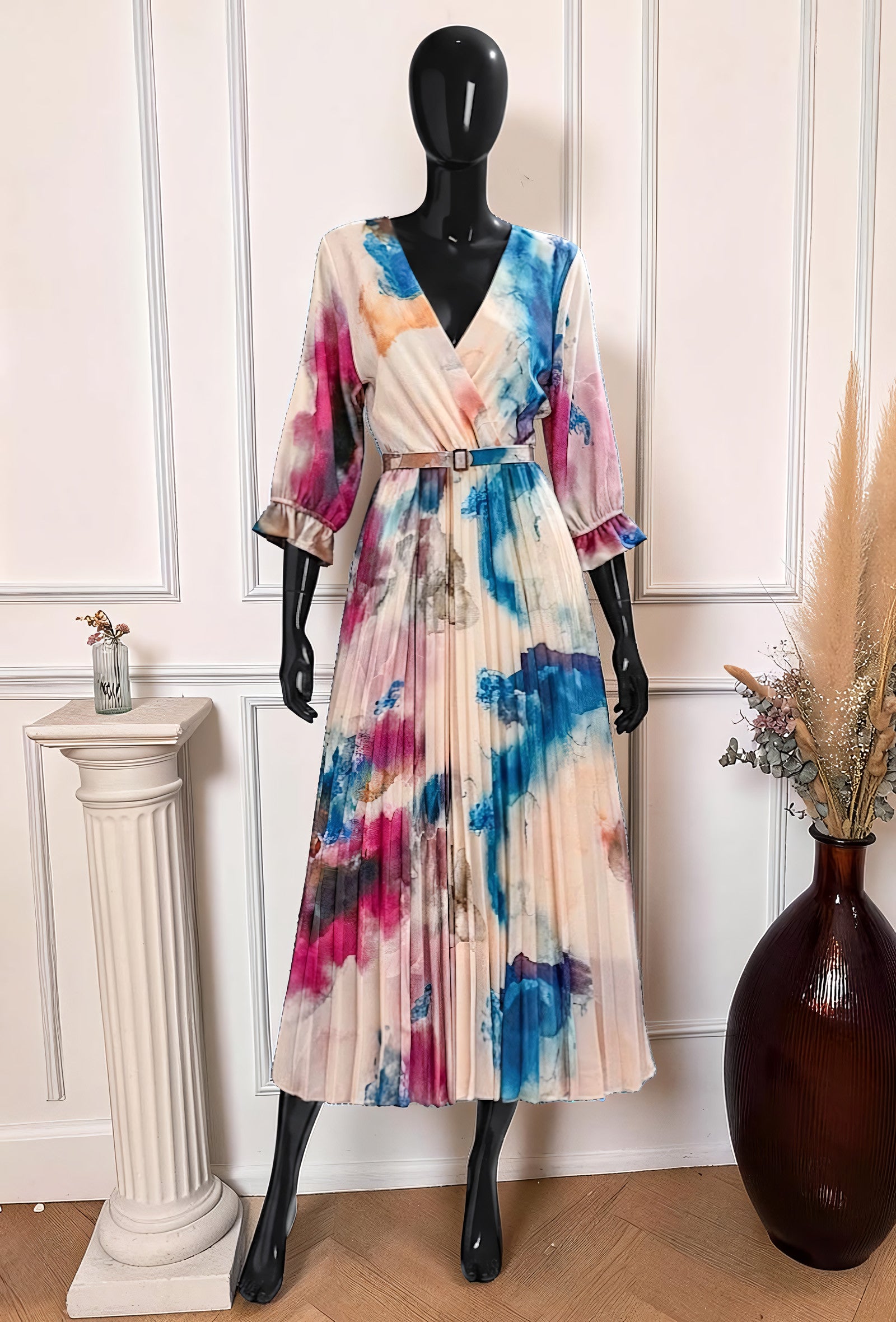 Robe Plissée avec Ceinture Bleu Canard – La Muse Parisienne – vue 1