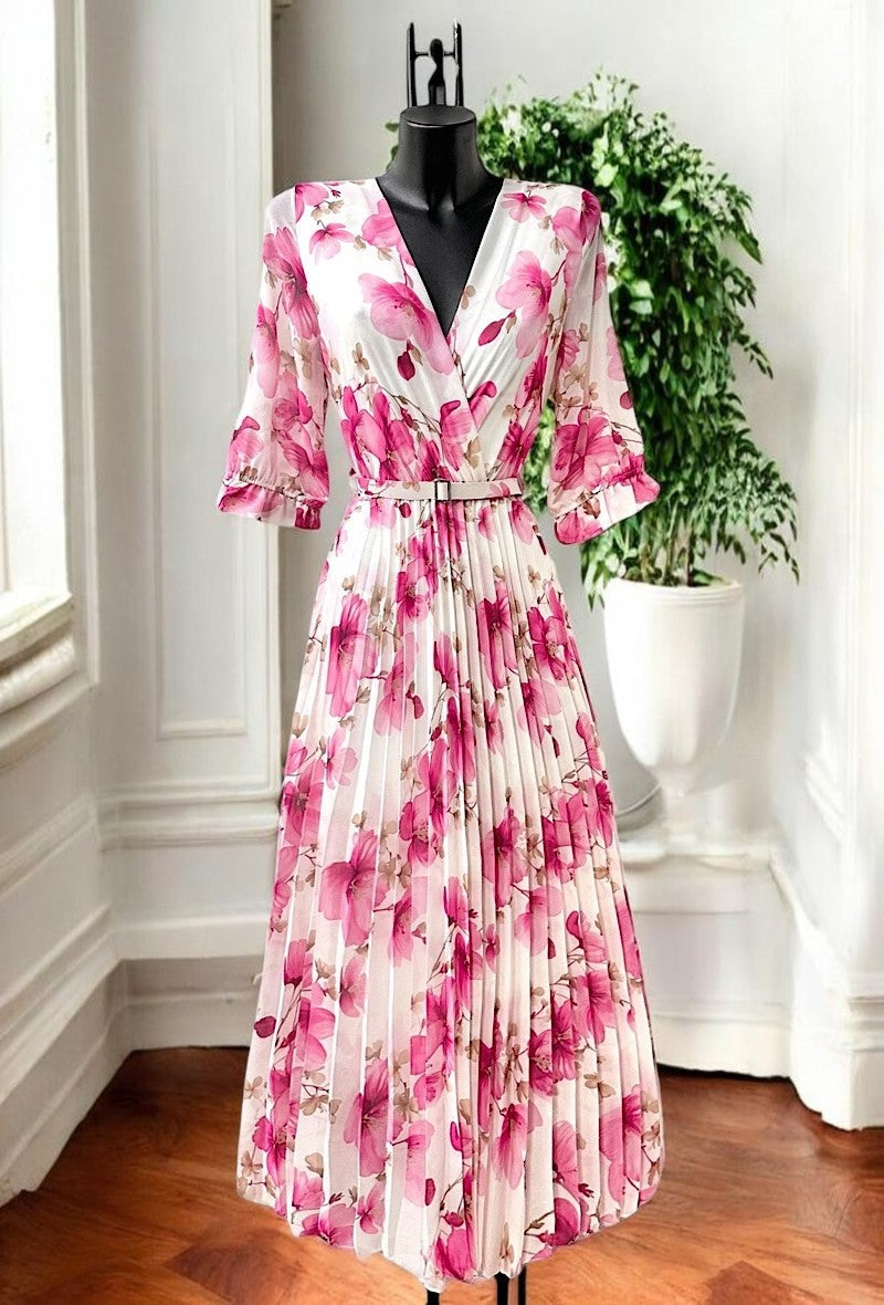 Robe Longue Plissée Fleurie — Ceinture Artisanale | Collection 2026