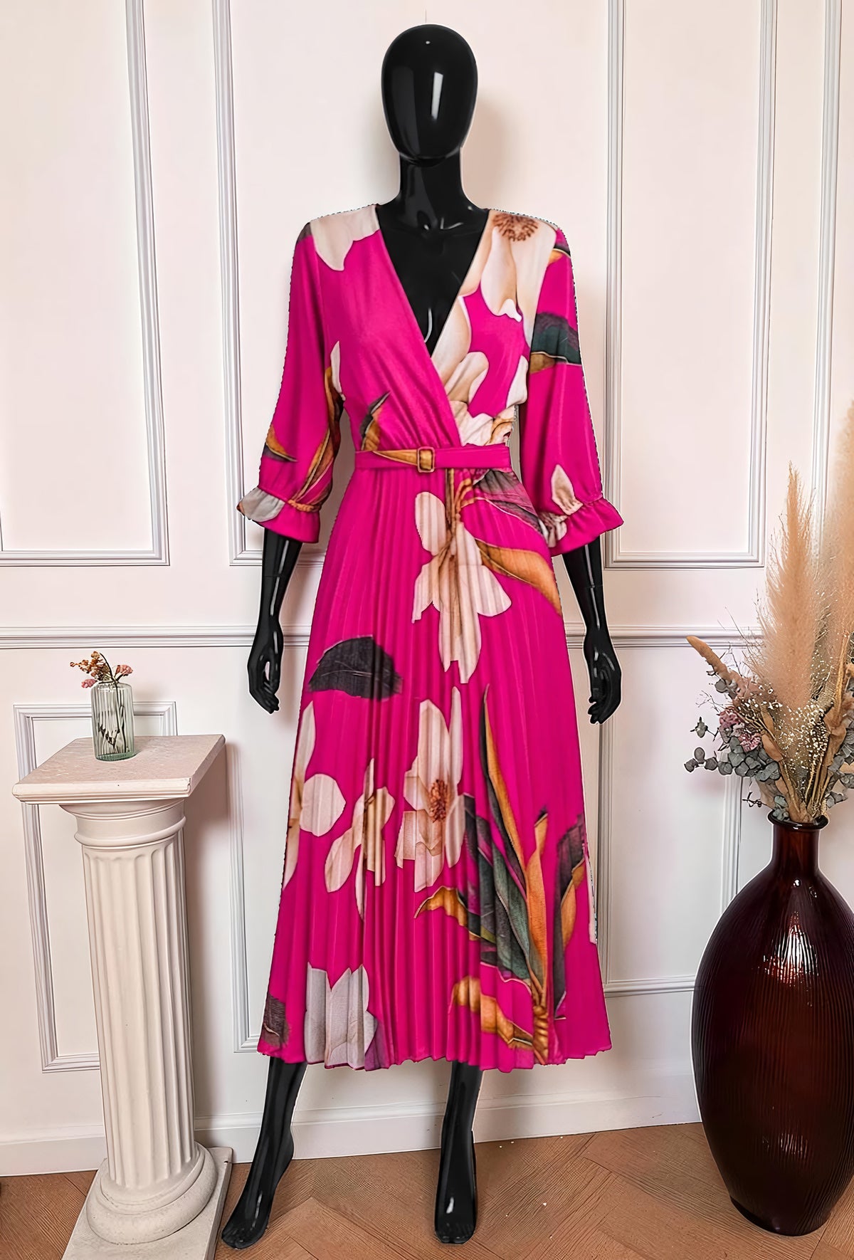 Robe Plissée avec Ceinture Fuchsia Fleuri – La Muse Parisienne – vue 1