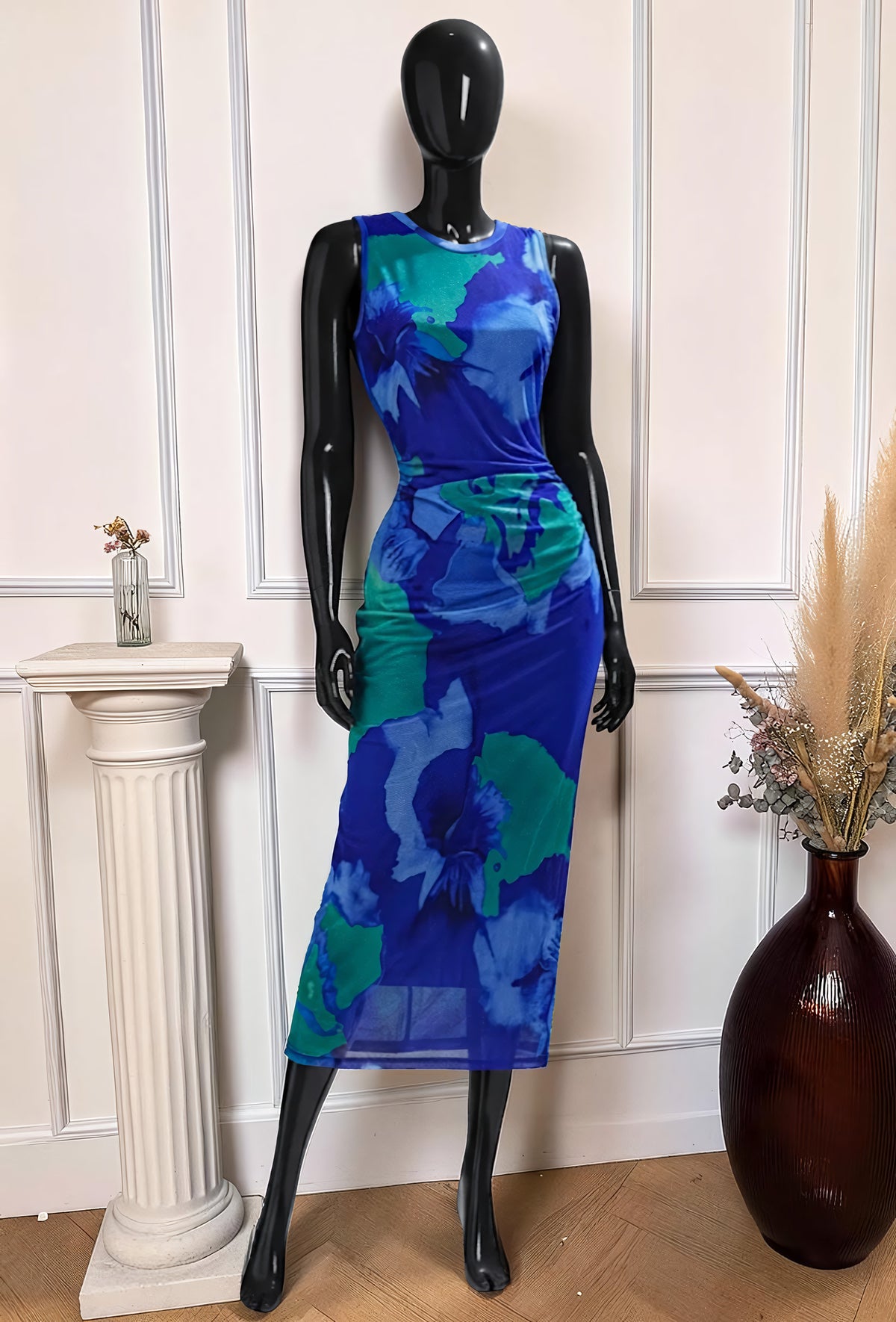 Robe Imprimée Manches Longues Doublée Bleu Roi – La Muse Parisienne – vue 1