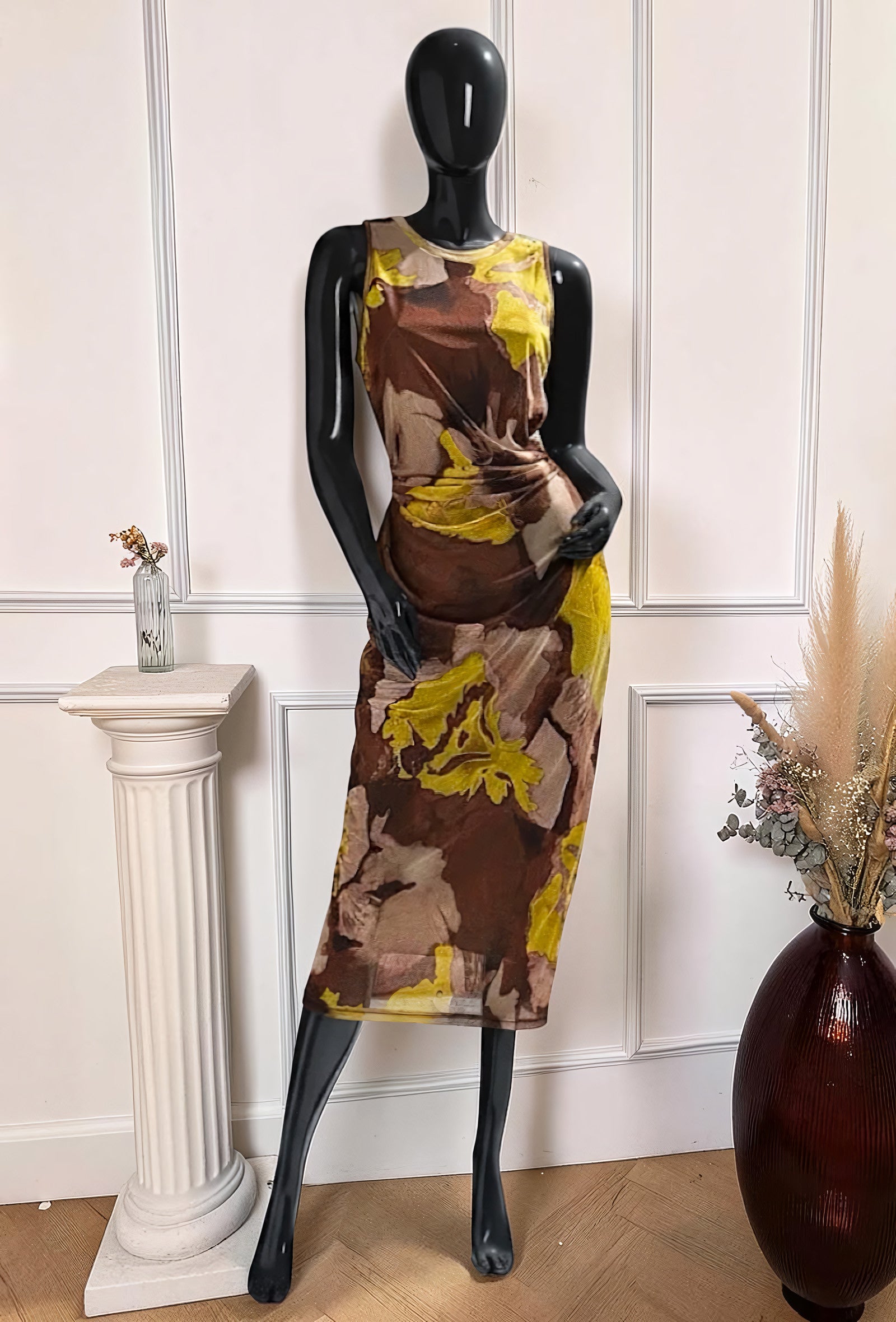Robe Imprimée Manches Longues Doublée Marron Foncé – La Muse Parisienne – vue 1