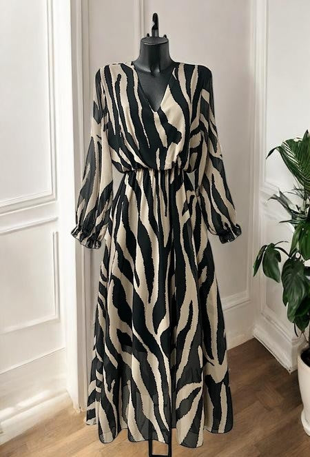 Robe Longue Fluide Col V Imprimée Zébré — Doublure Viscose | Collection 2026